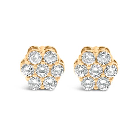 14K Yellow Gold 3/4 Ct 7 Stone Floral Cluster Diamond Stud Earrings