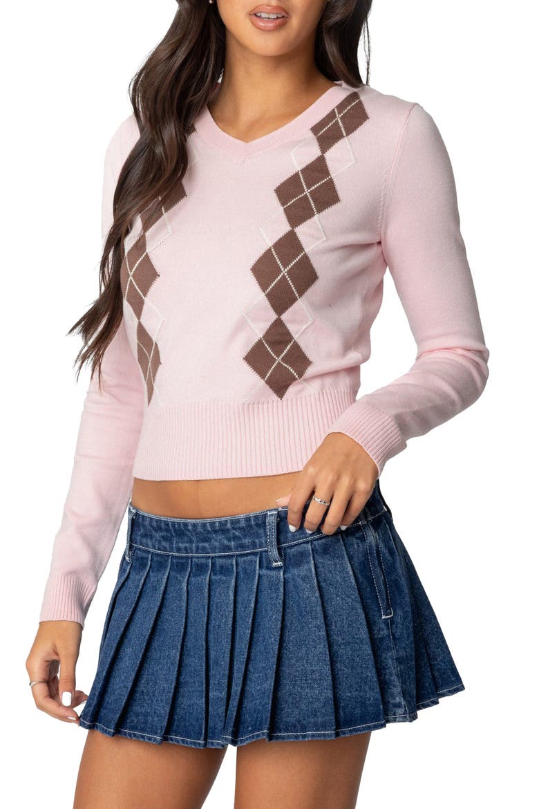 Argyle V-Neck Sweater, Alternate, color, LIGHT-PINK