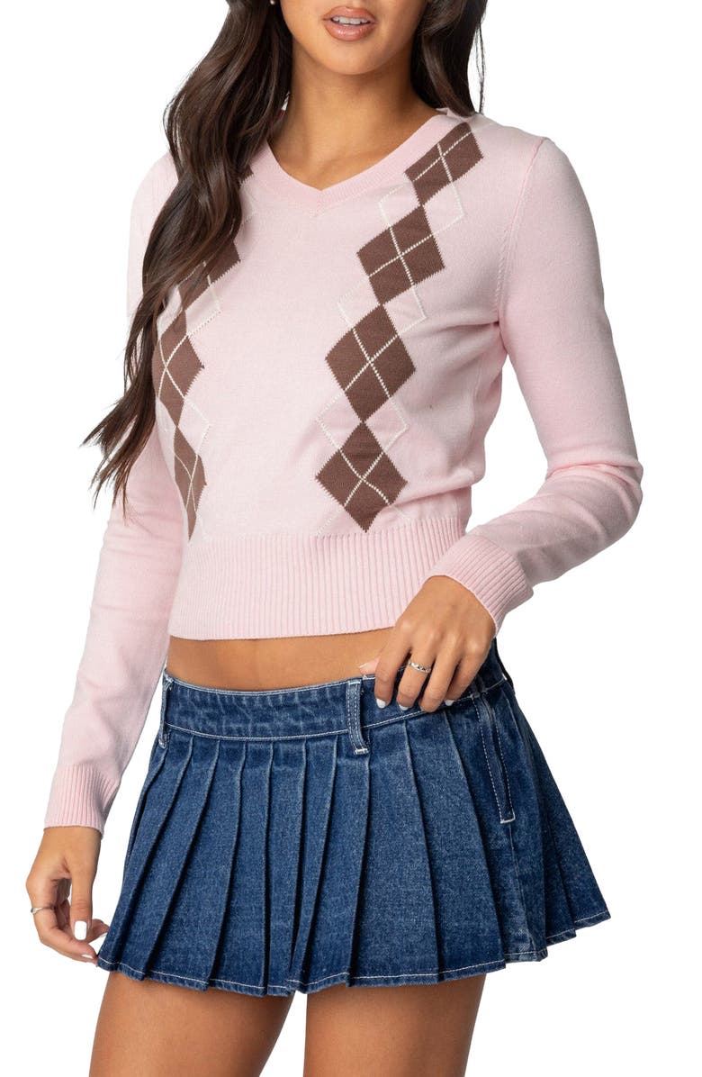 EDIKTED Argyle V-Neck Sweater, Alternate, color, Light-Pink