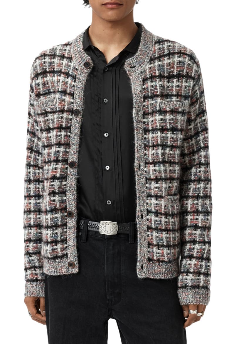 Geometric Pattern Wool & Cashmere Cardigan, Main, color, SMOKED PEARL GREY