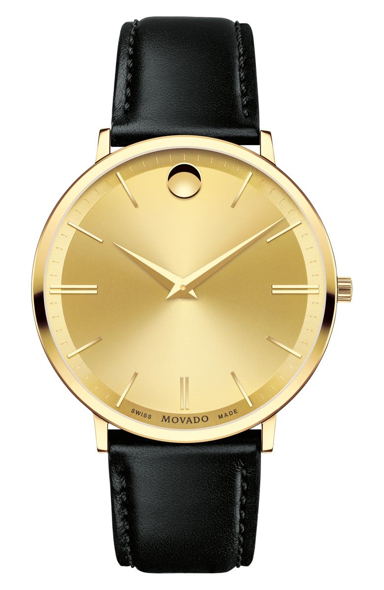 Movado 'Ultra Slim' Leather Strap Watch, 40mm, Main, color, 