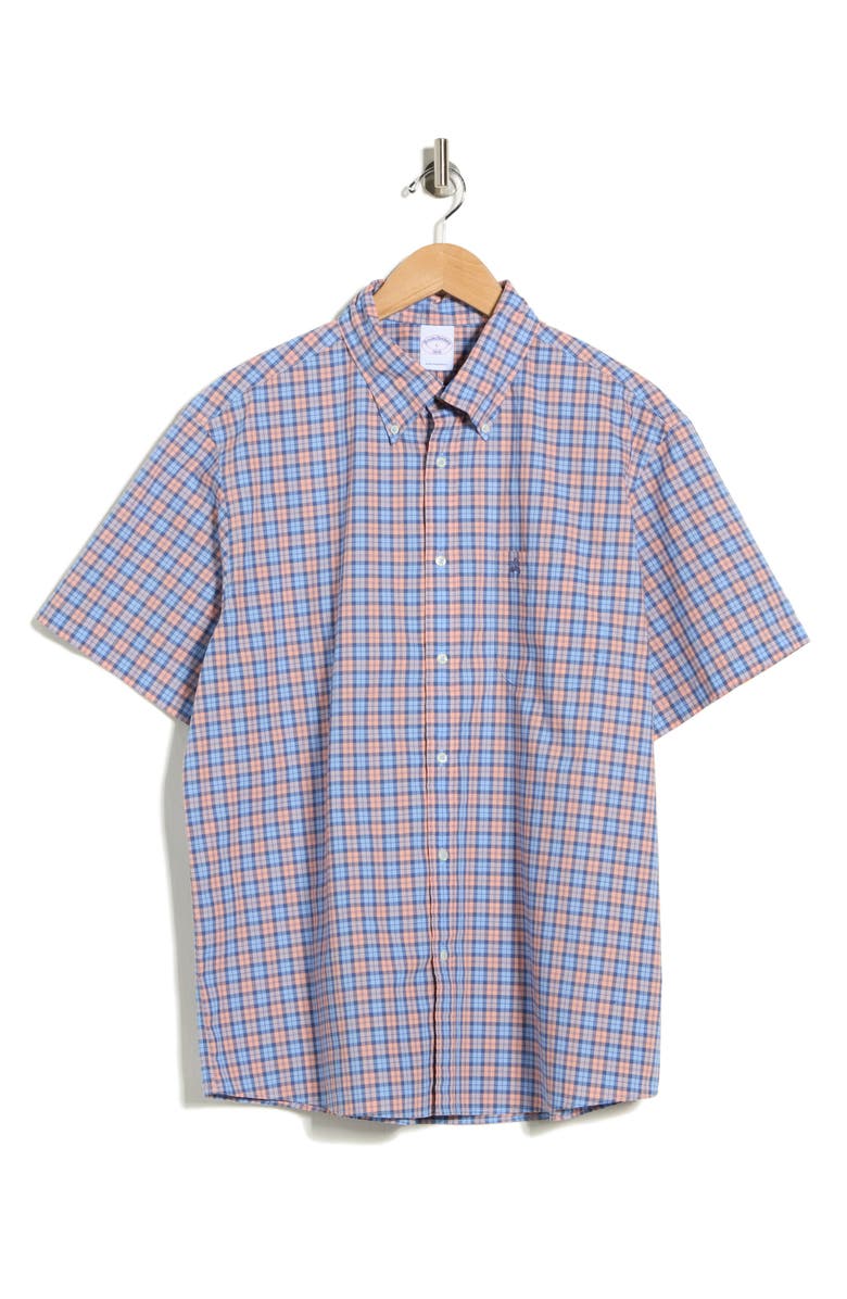 Brooks Brothers Sport Fit Plaid Short Sleeve Button-Down Shirt, Main, color, Peach Check