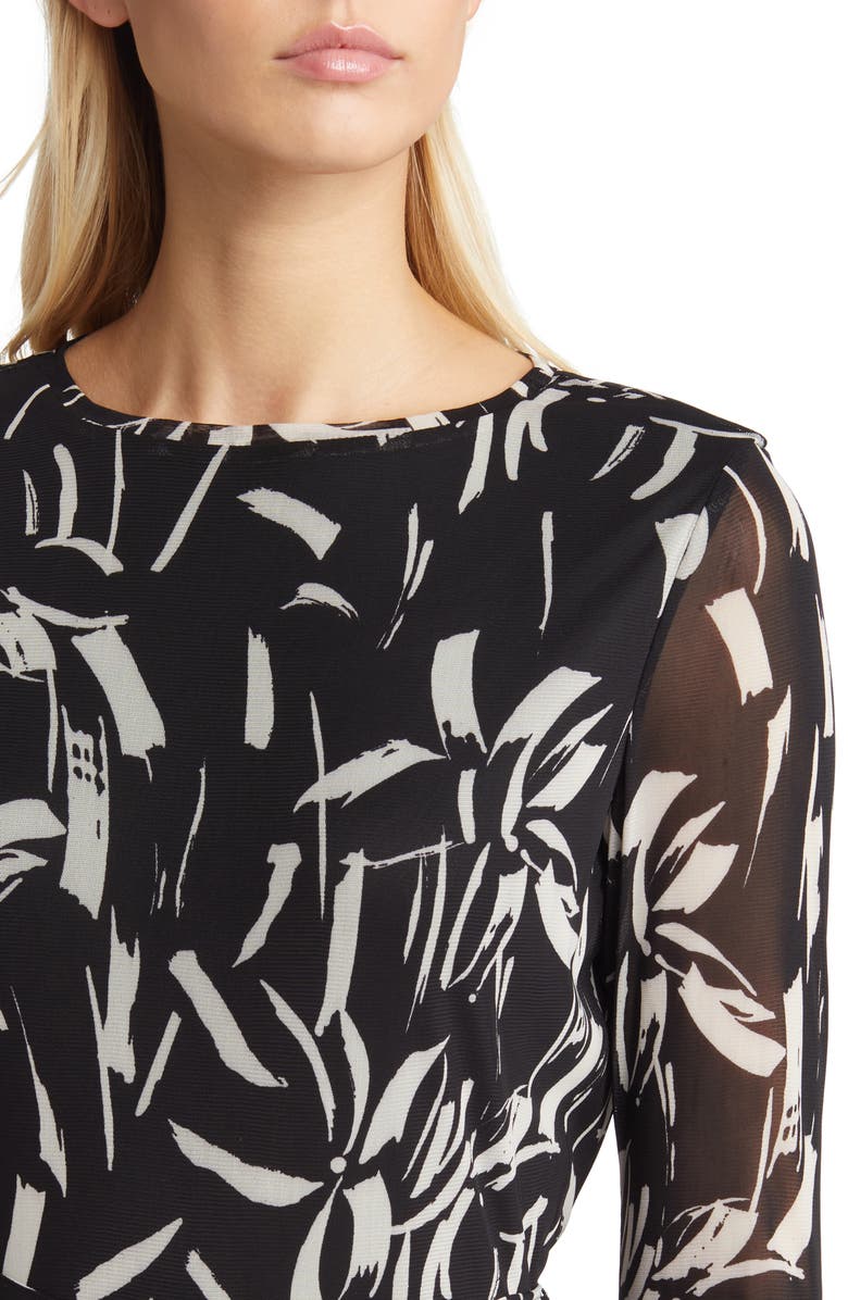 Anne Klein Abstract Print Tie Waist Long Sleeve Mesh Midi Dress, Alternate, color,
