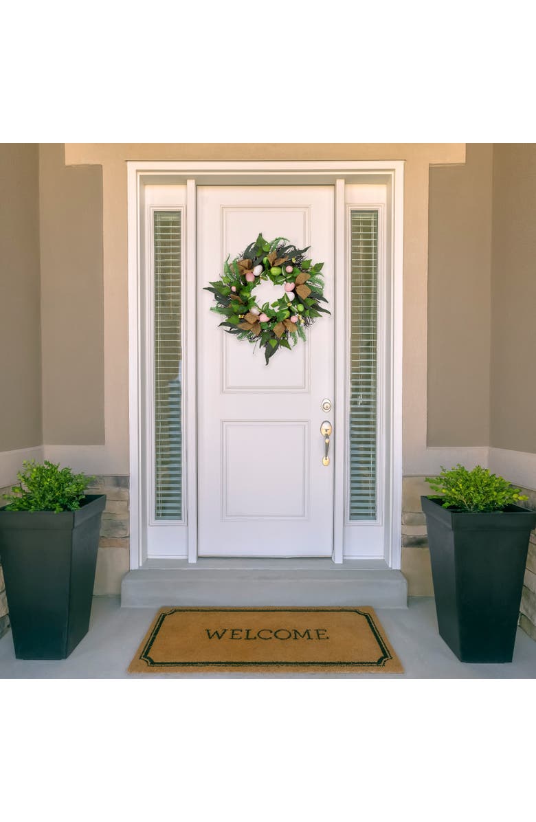 Northlight Easter Egg and Burlap Ribbon Mixed Foliage Twig Wreath - 22", Alternate, color, Green