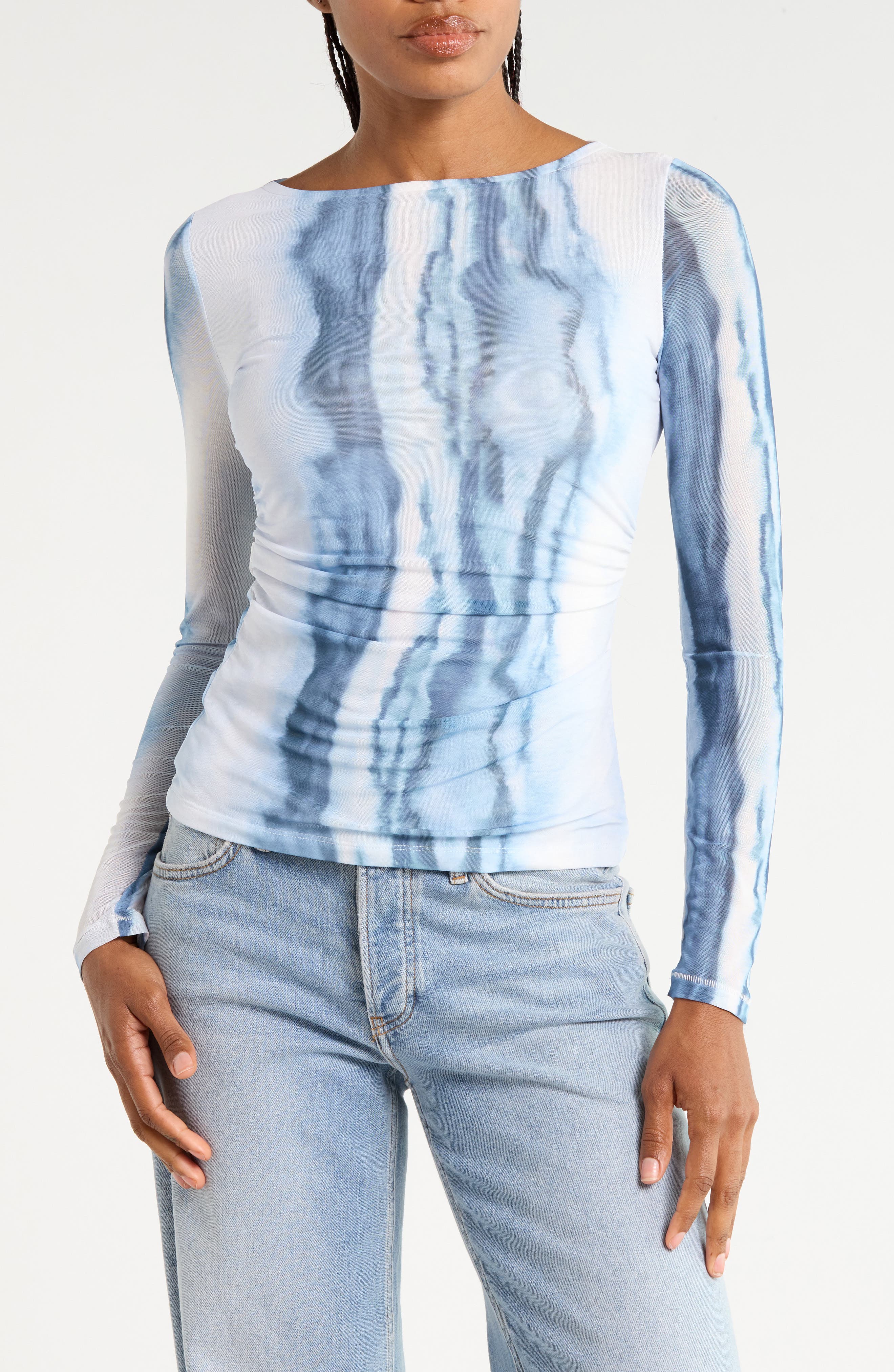 Ruched Mesh Long Sleeve Top