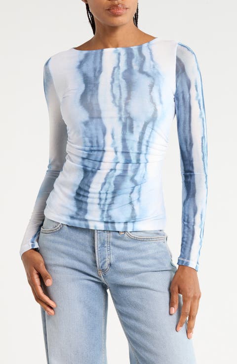 Ruched Mesh Long Sleeve Top