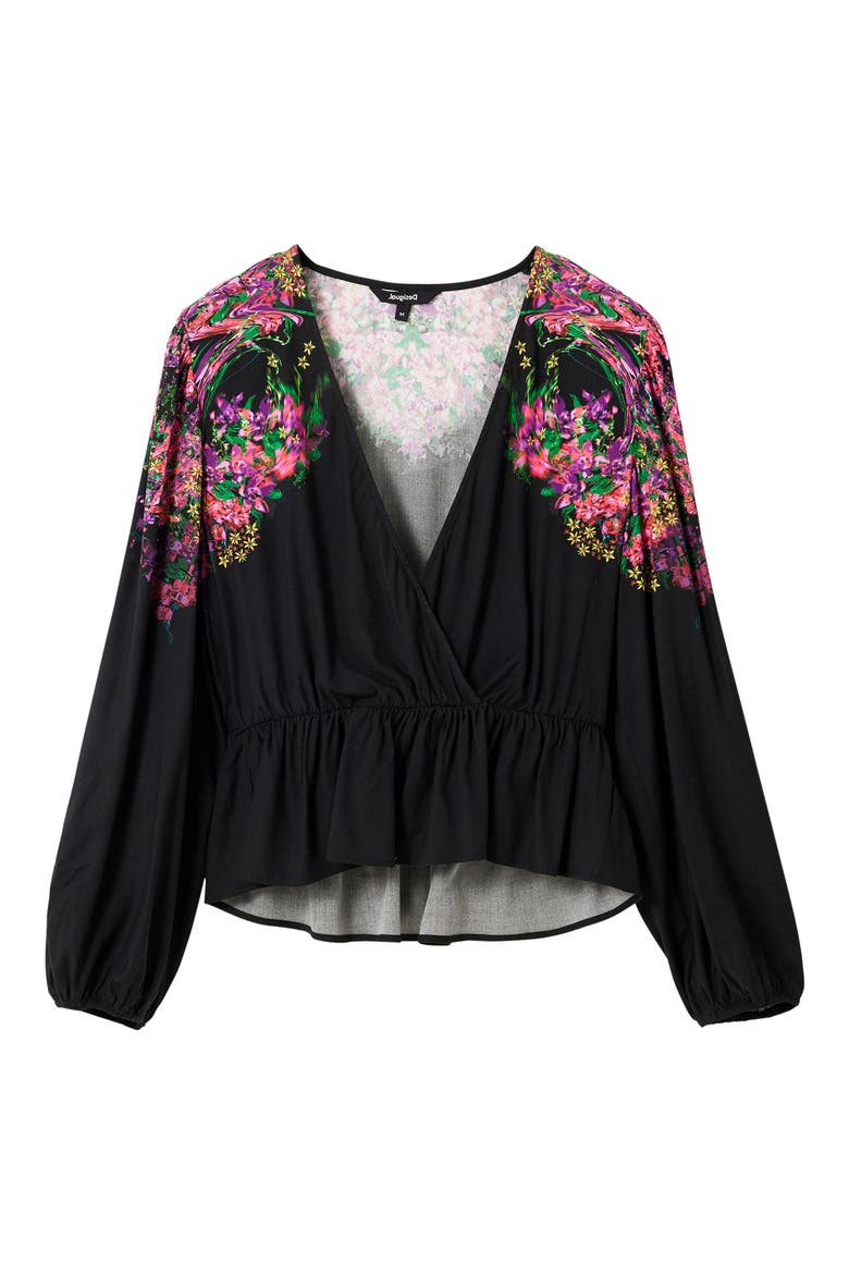 Blus Lorna Floral Print Peplum Top, Alternate, color, BLACK