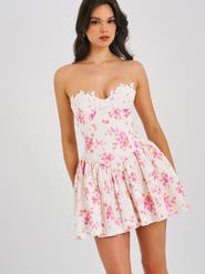 Miss Circle Samara Floral Drop Waist Linen Corset Puffy Mini Dress