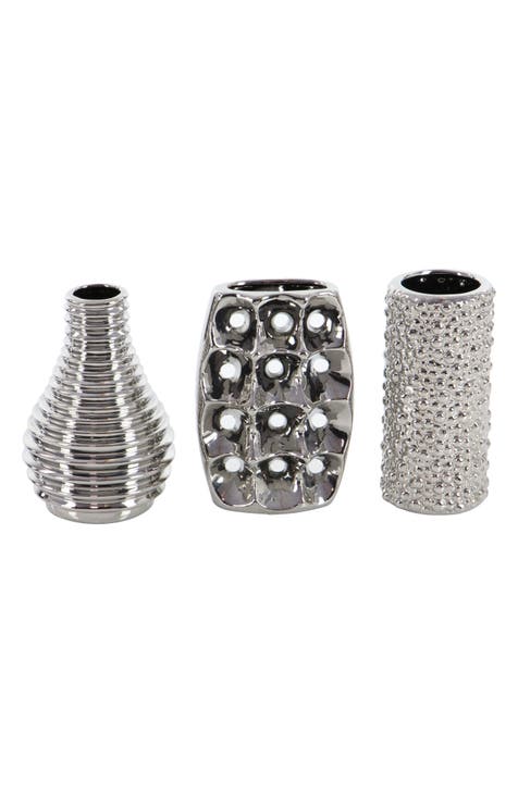 Silvertone Ceramic Vase with Varying Patterns - Set of 3