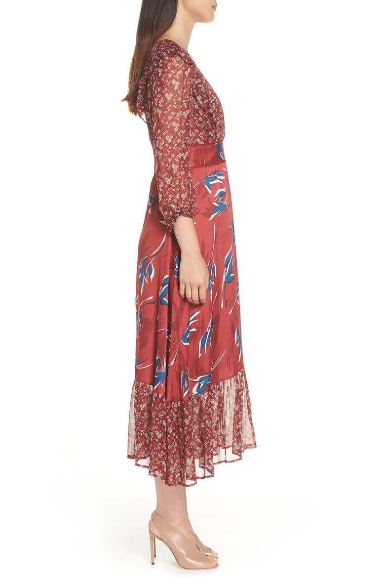 Mixed Print Midi Dress, Alternate, color, RED MULTI