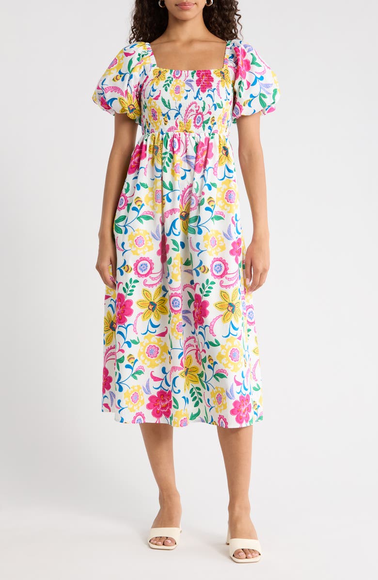 SUGARLIPS Kress Floral Maray Smocked Midi Dress, Main, color, White Multi