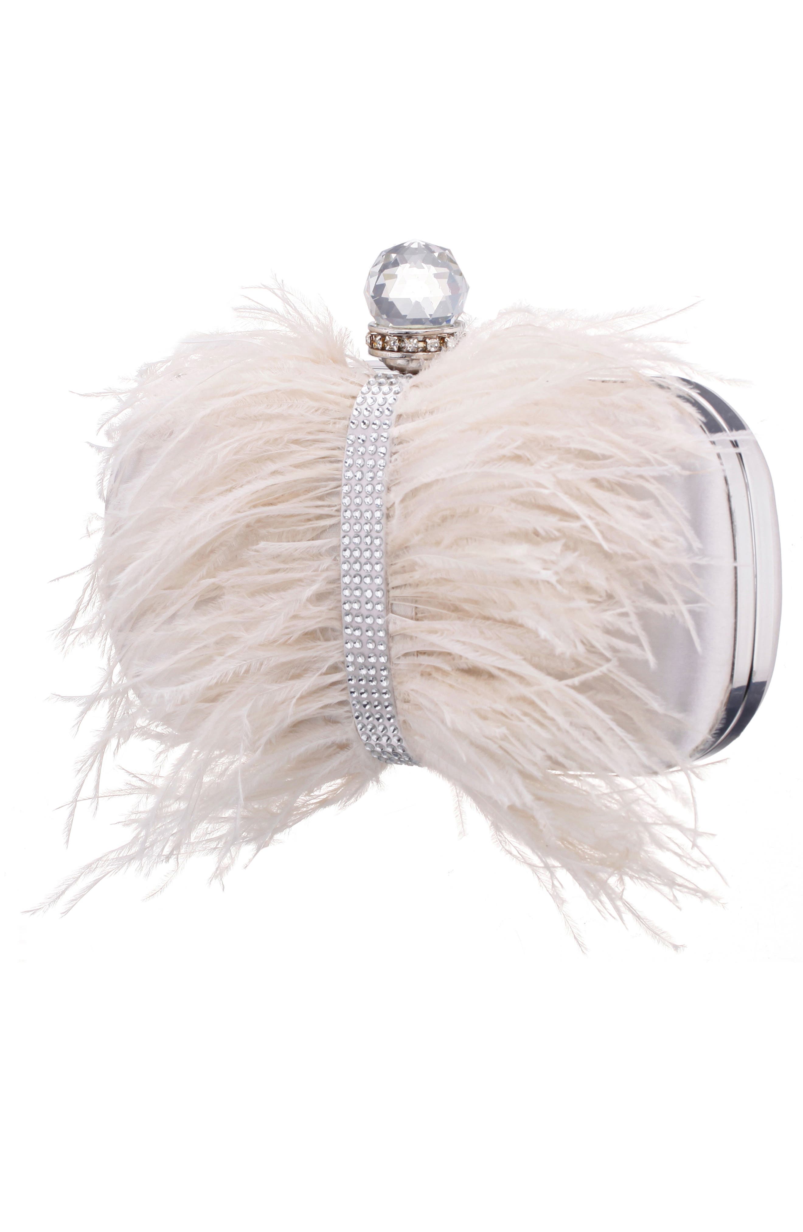 Ostrich Feather Minaudiere, Alternate, color, IVORY