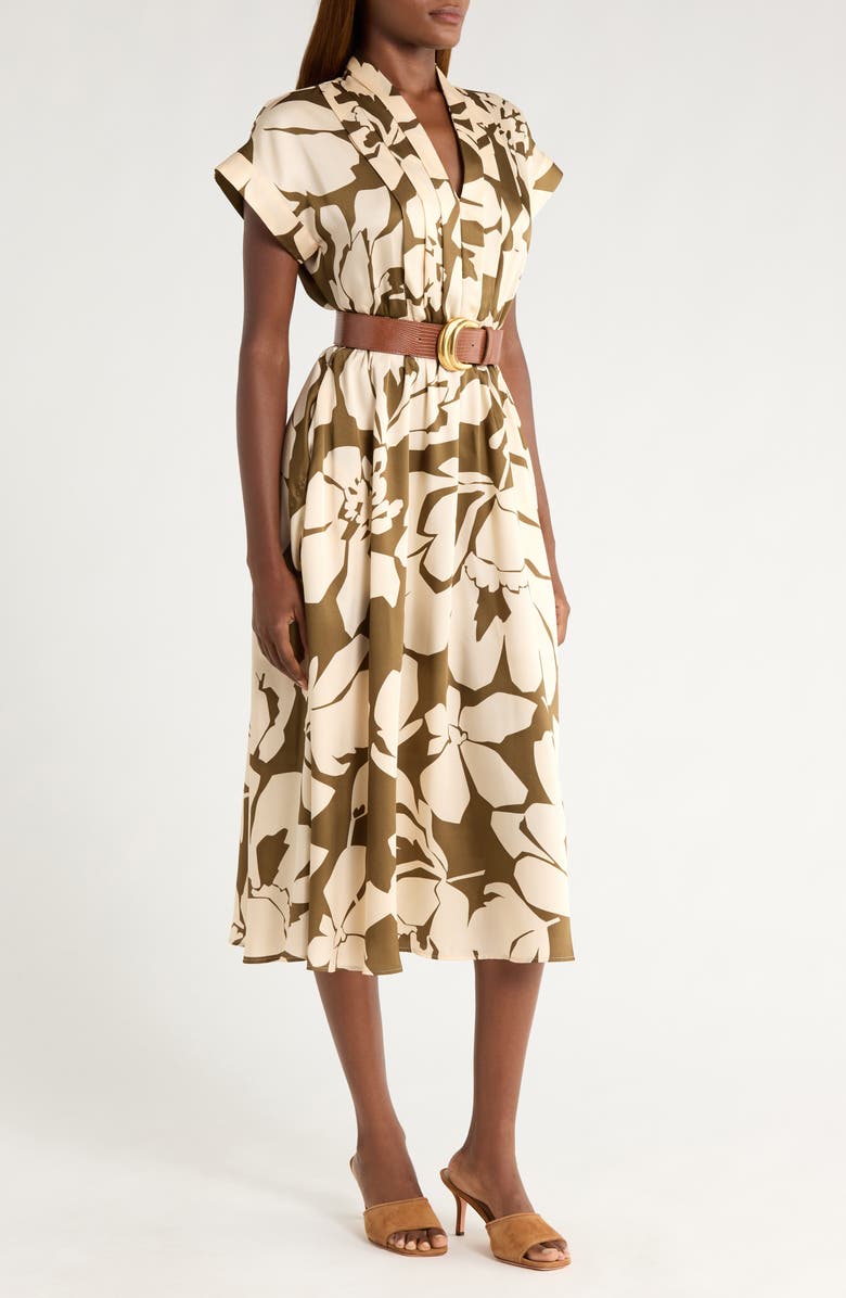 Donna Karan New York Floral Short Sleeve Belted A-Line Midi Dress, Alternate, color, Sap Green/ Camel