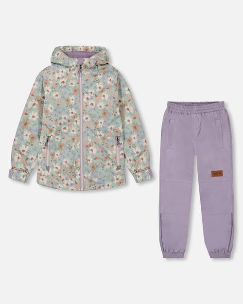 Deux Par Deux Little Girl's Printed Jacket Two-piece Mid-season Outerwear Set Small White Flowers On In White Flowers On Turquoise