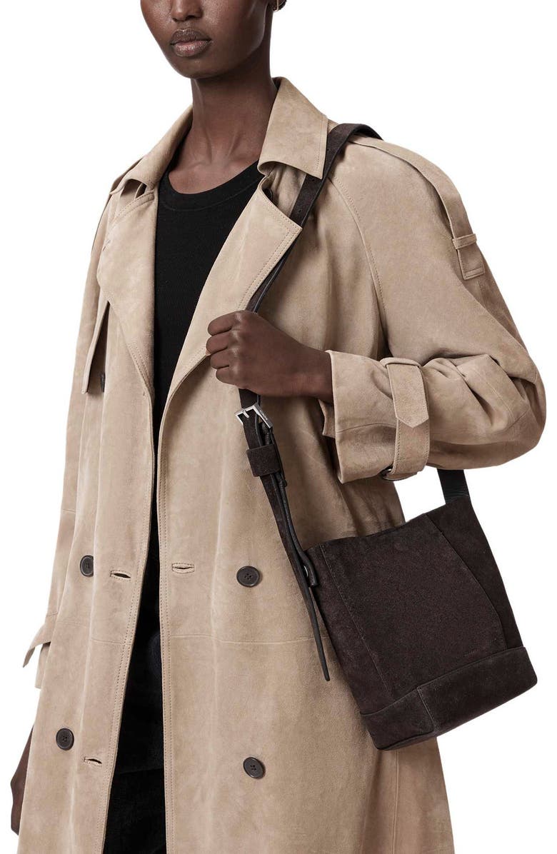 AllSaints Mini Alba Suede Crossbody Hobo Bag, Alternate, color, Bitter Brown