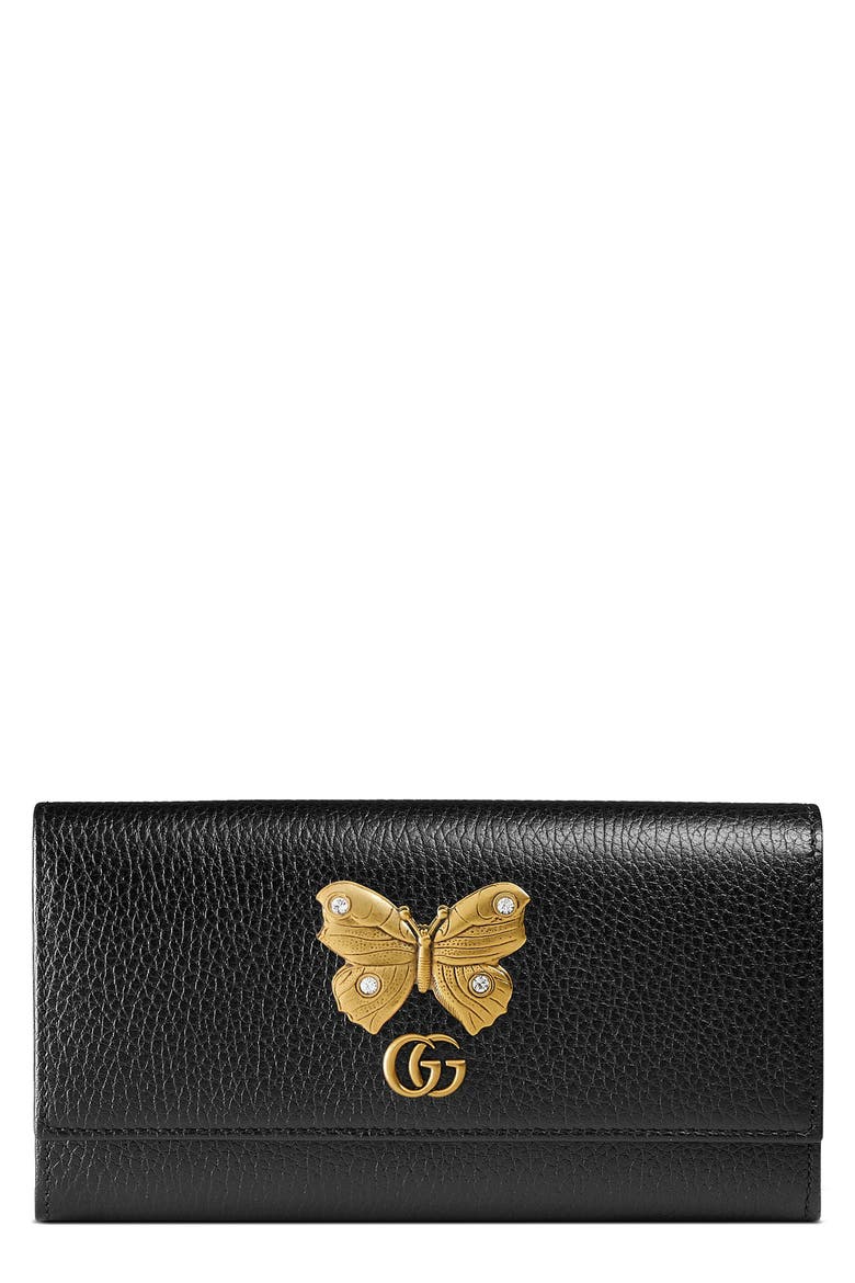 Farfalla Leather Continental Wallet, Main, color, NERO/ CRYSTAL