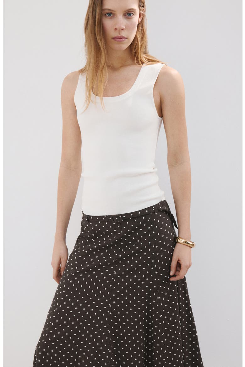 Belted Polka Dot Linen Blend A-Line Midi Skirt, Alternate, color, BLACK
