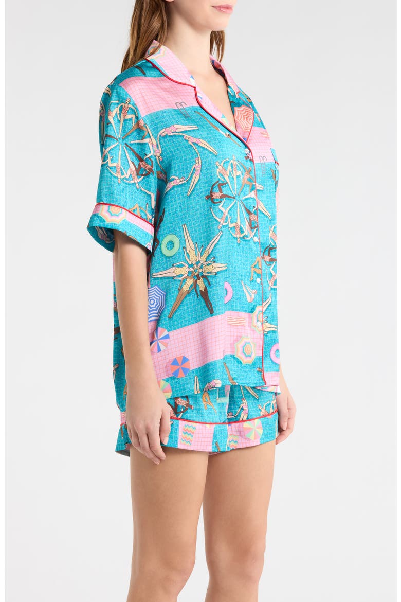Swimmers Piped Satin Pajamas, Alternate, color, TEAL/ PINK