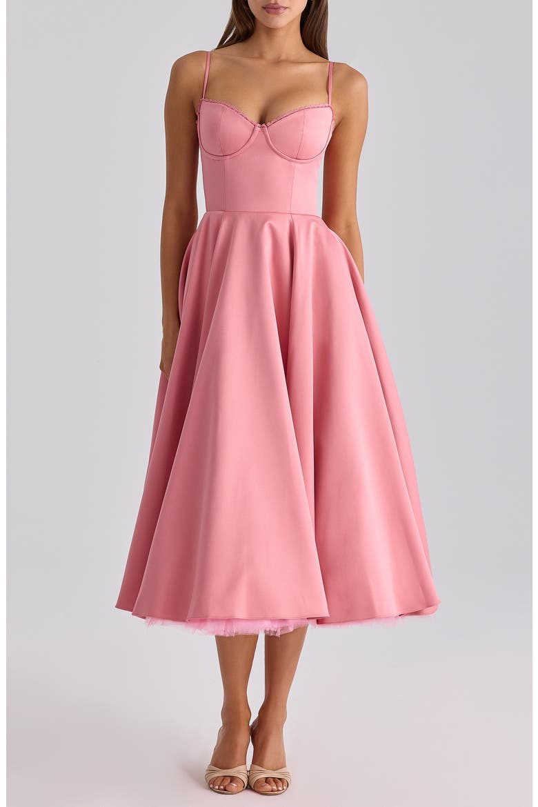 Mademoiselle Bustier Stretch Satin Midi Dress, Main, color, RASPBERRY