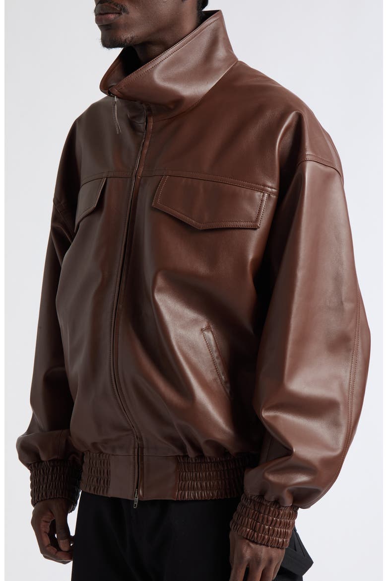 High Collar Leather Bomber Jacket, Alternate, color, 2135 CASTOR