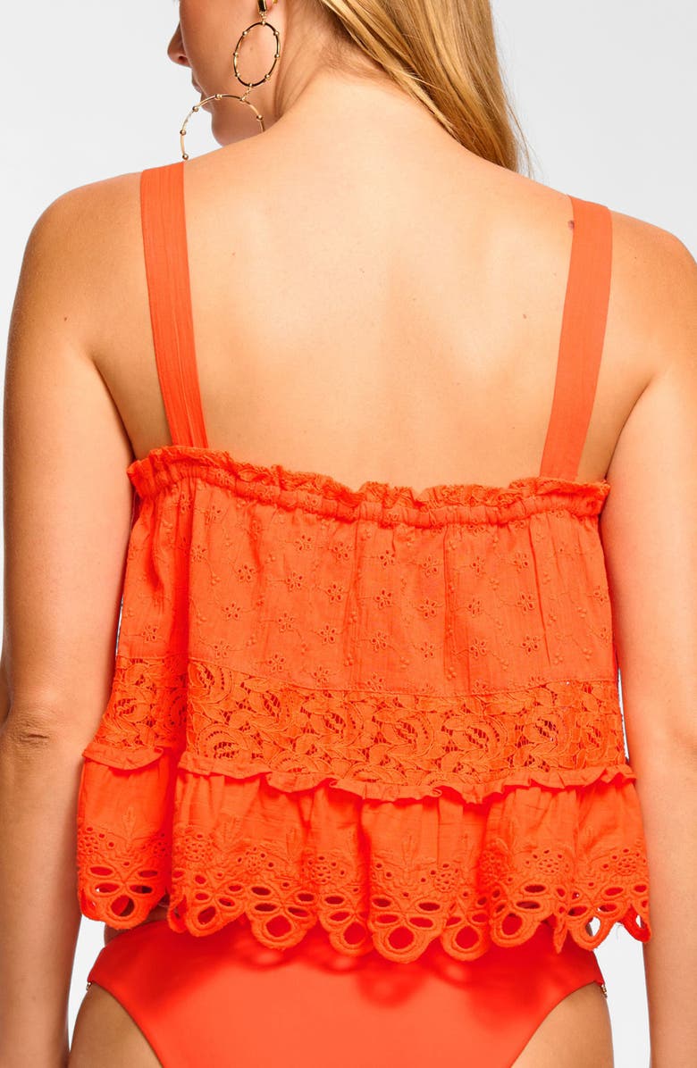 Ramy Brook Amina Tiered Cotton Eyelet Cover-Up Shirt, Alternate, color, Vivid Orange