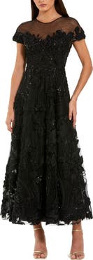 Mac Duggal Embellished Lace Illusion Neck A-Line Midi Dress