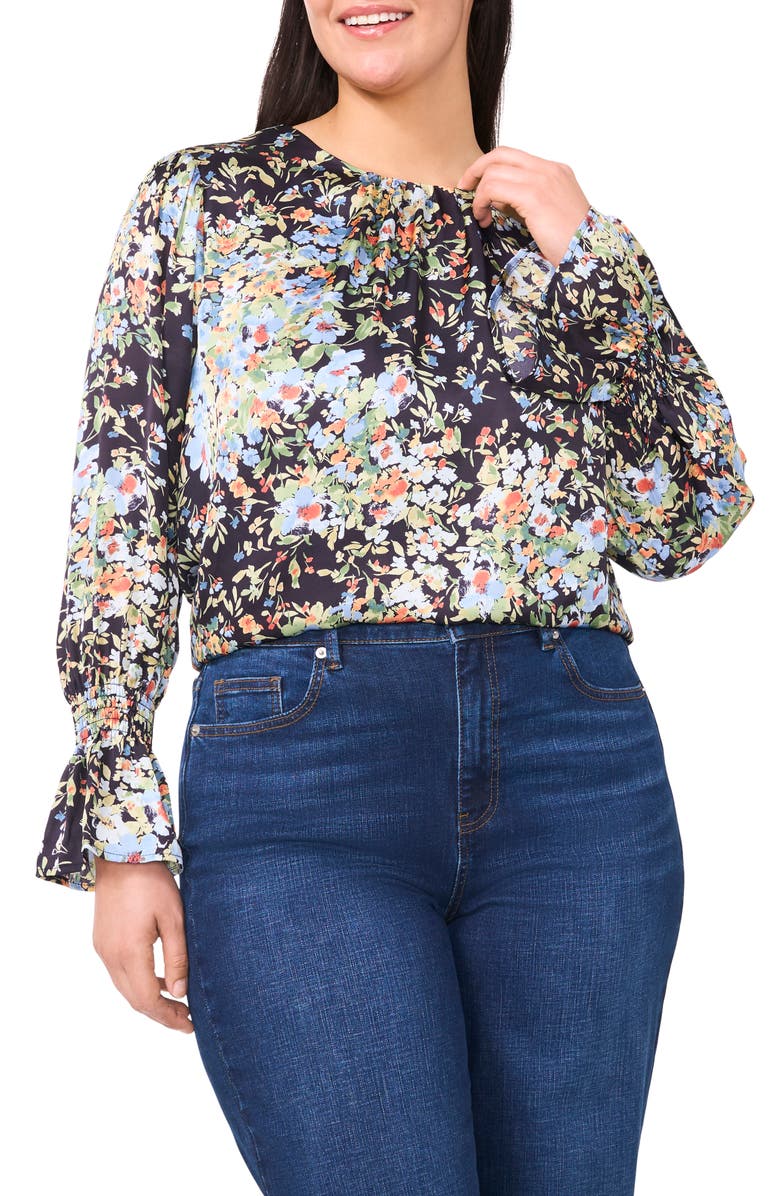 CeCe Floral Ruffle Cuff Charmeuse Top, Main, color, 