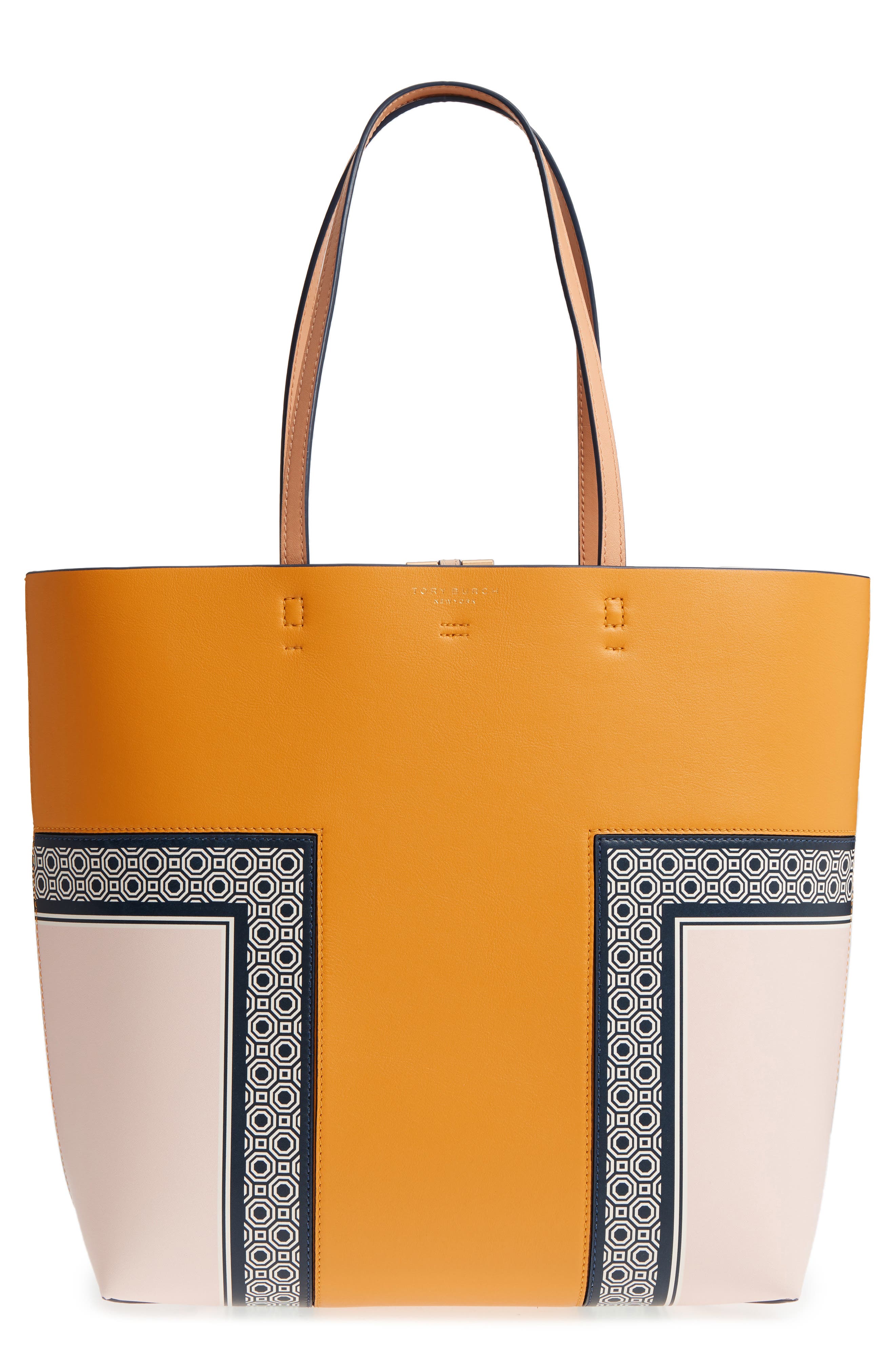 Tory Burch Block-T Stripe Leather Tote, Main, color, 