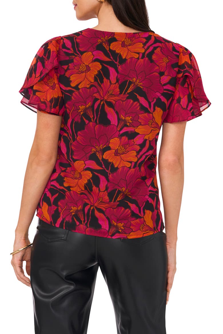 Floral V-Neck Ruffle Sleeve Top, Alternate, color, CHERRY NOIR