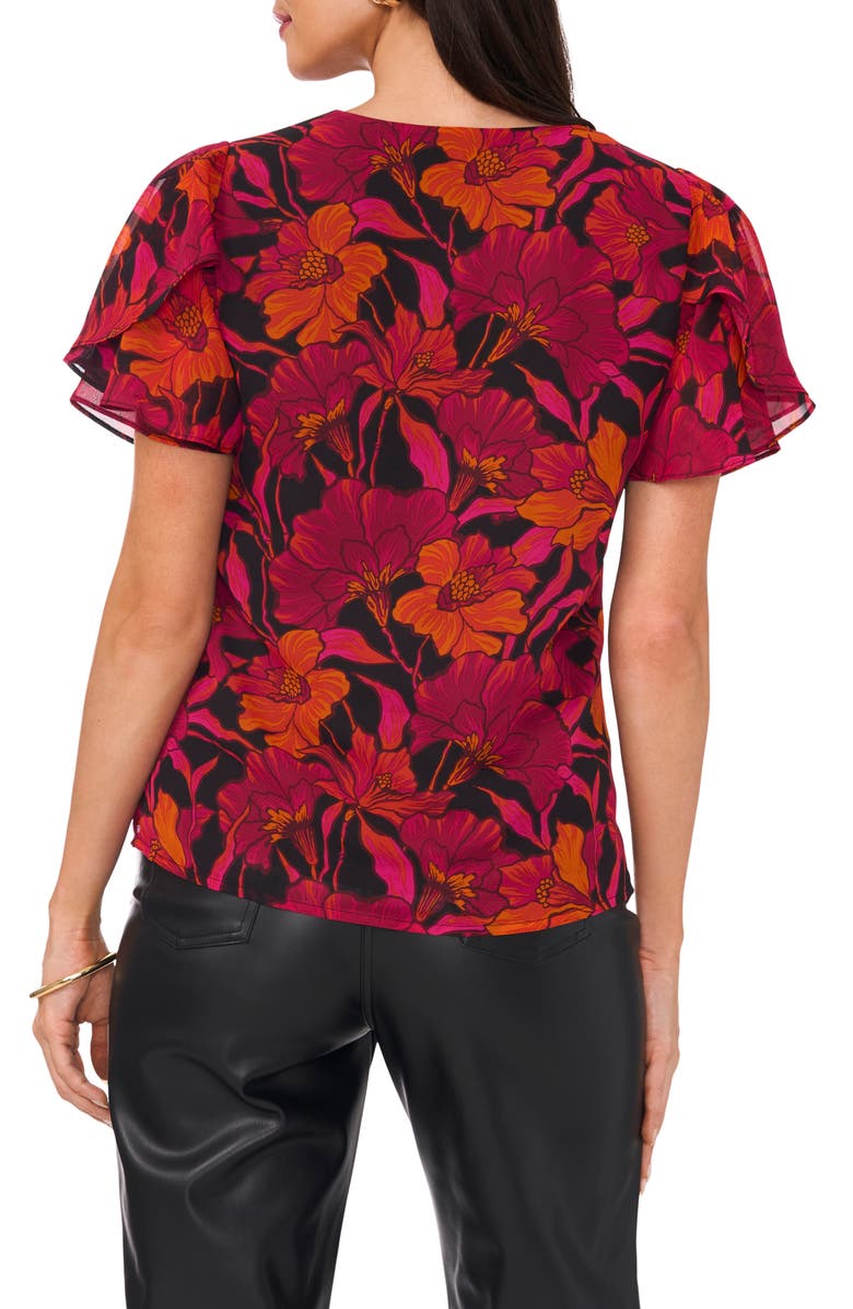 Vince Camuto Floral V-Neck Ruffle Sleeve Top, Alternate, color, Cherry Noir