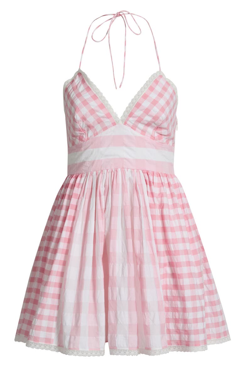 Arletta Gingham Halter Minidress, Main, color, WATERMELON WAVES