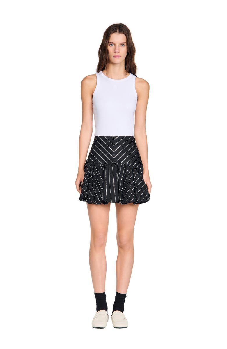 SANDRO Short striped sequin skirt, Alternate, color, Black / White
