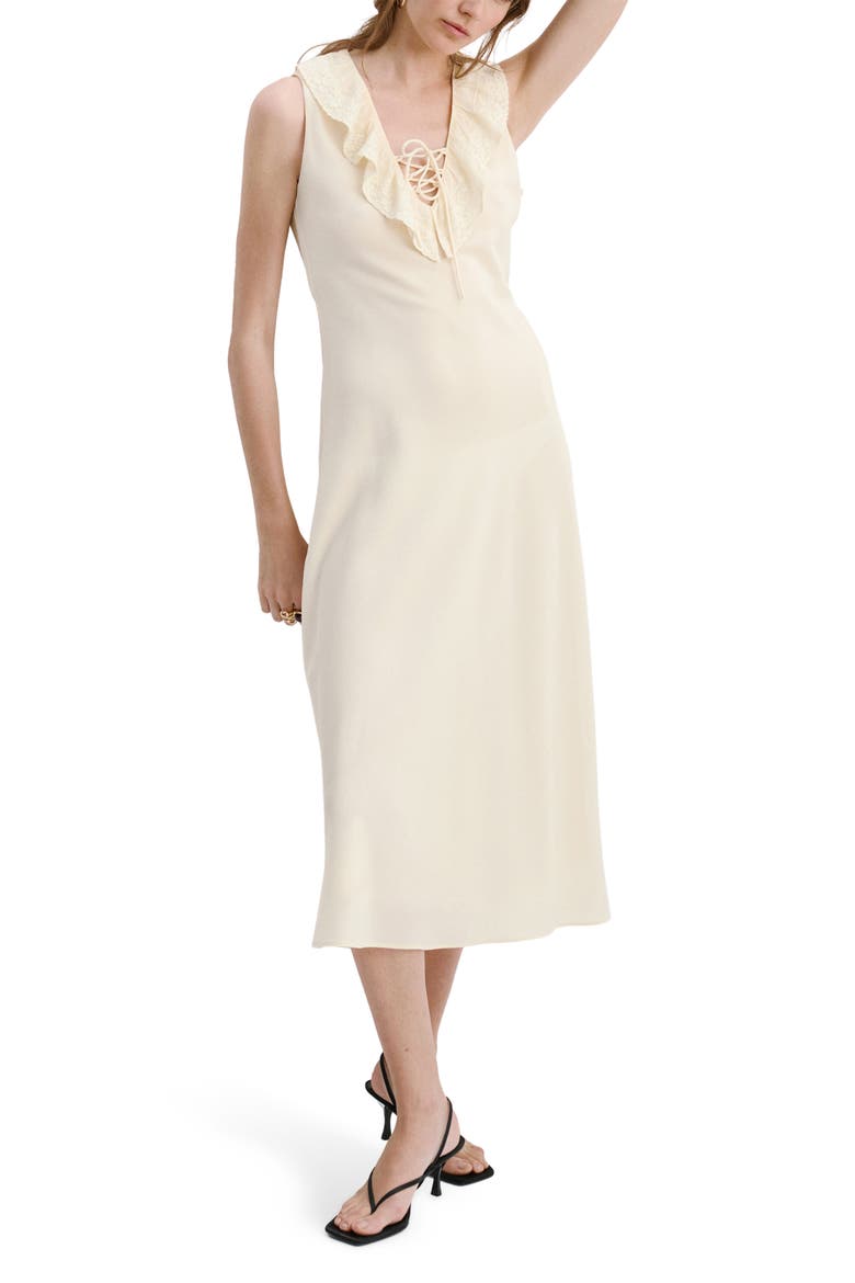 Ruffled Lace Trim V-Neck Midi Dress, Alternate, color, VANILLA