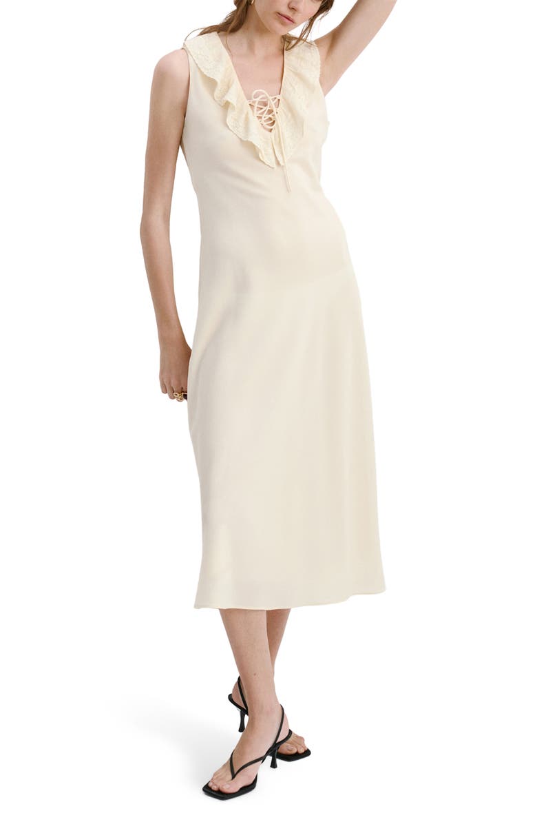 MANGO Ruffled Lace Trim V-Neck Midi Dress, Alternate, color, Vanilla