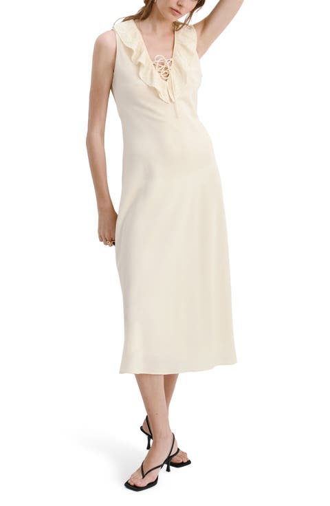 Ruffled Lace Trim V-Neck Midi Dress
