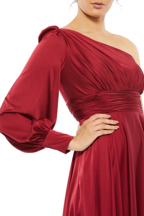 Mac Duggal One Shoulder Bishop Sleeve Flowy Gown In Burgundy