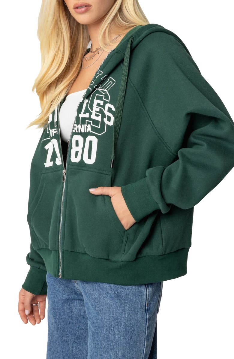 EDIKTED 1980 Graphic Oversize Zip Hoodie, Alternate, color, Dark-Green