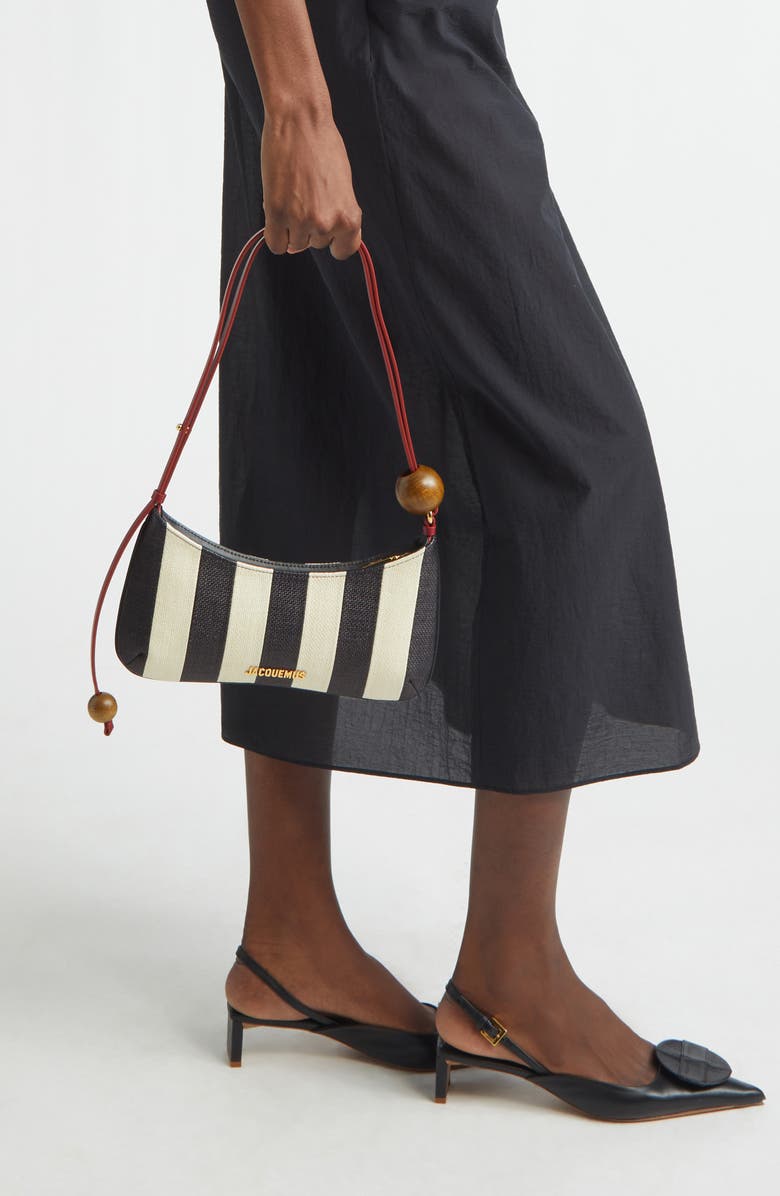 Jacquemus Le Bisou Perle Stripe Woven Raffia Shoulder Bag, Alternate, color, Natural / Black 1Fy