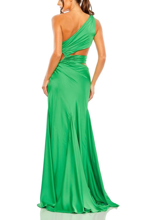 Mac Duggal Cut Out One Shoulder Satin Gown In Spring Green