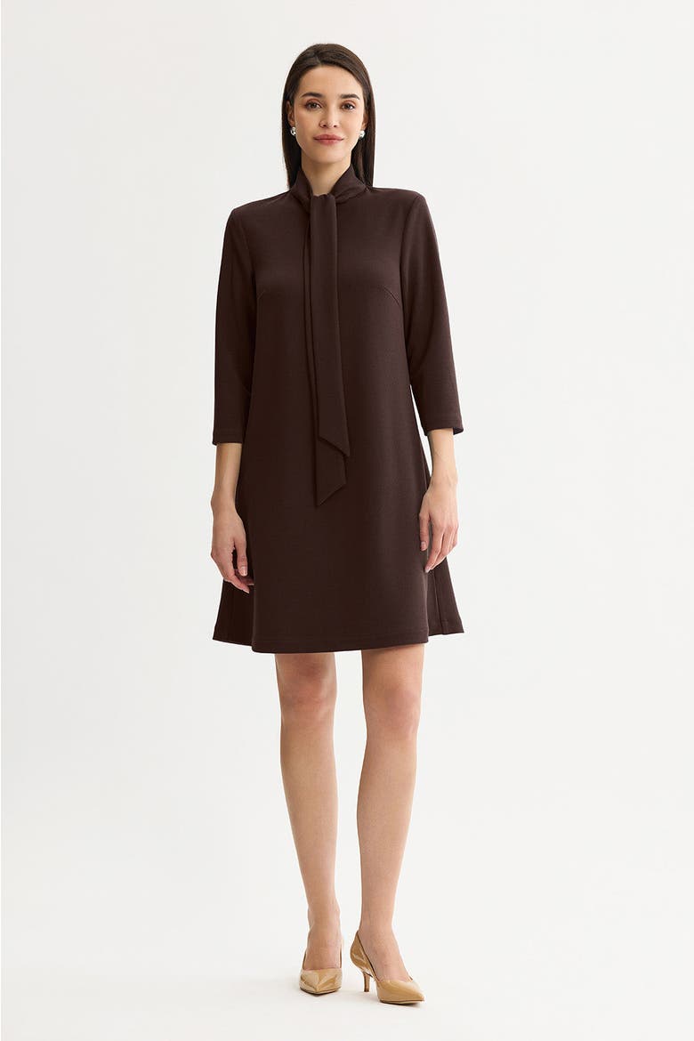 Stretch Deco Crepe Tie Neck Tent Dress, Main, color, Dark Umber