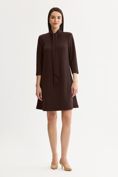 Stretch Deco Crepe Tie Neck Tent Dress