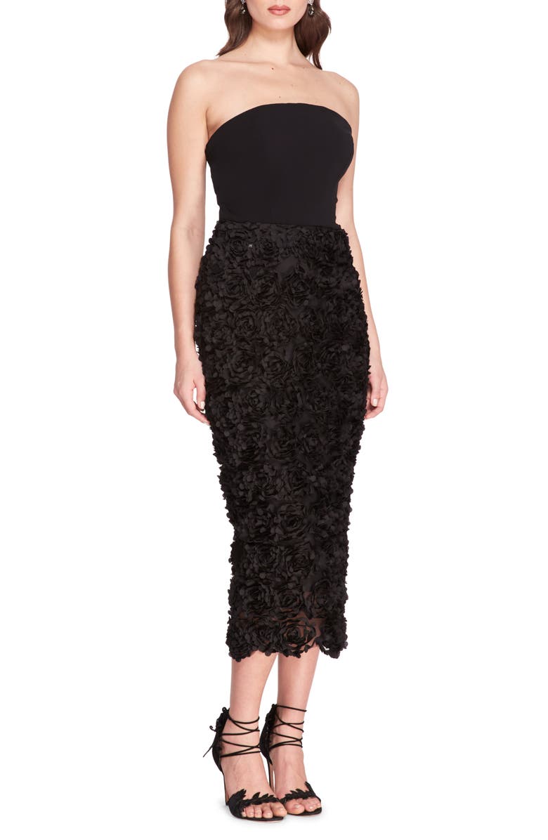 Marchesa Notte Rosette Strapless Midi Dress, Main, color, Black