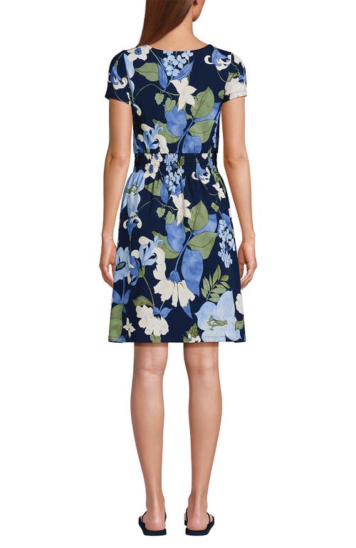 Lands' End Cotton Modal Smocked Waist Dress In Deep Sea Navy Lilies