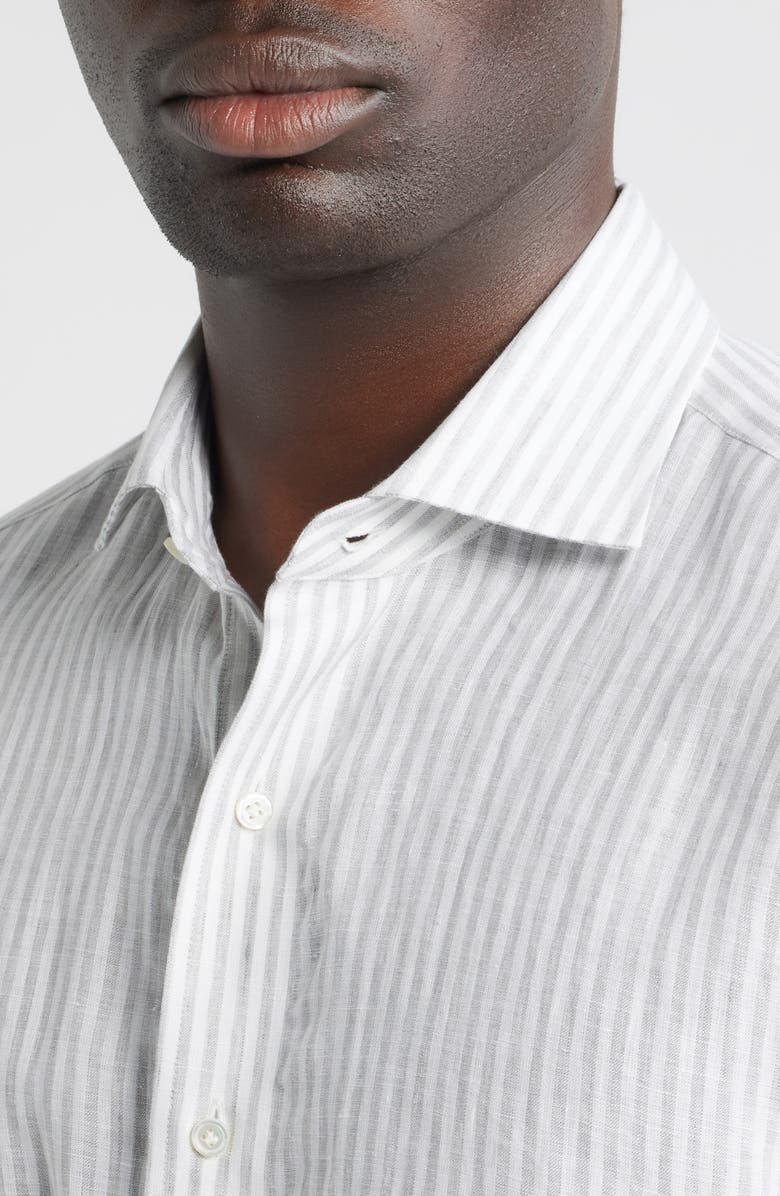 Peter Millar Crown Crafted Astino Lino Stripe Linen Button-Up Shirt, Alternate, color, British Grey