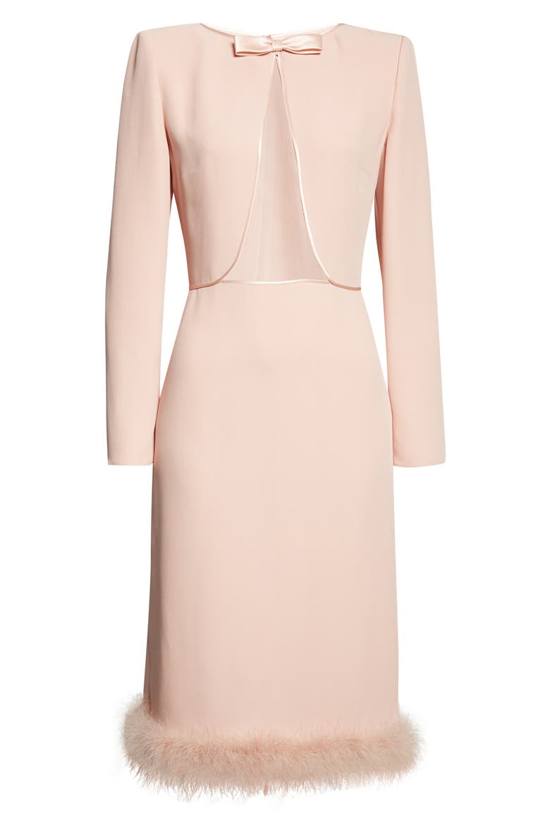 Feather Trim Long Sleeve Silk Cady Couture Dress, Alternate, color, ROSE