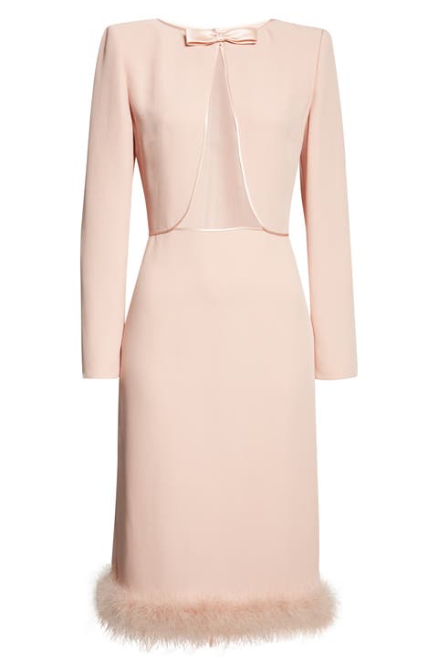 Feather Trim Long Sleeve Silk Cady Couture Dress