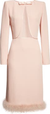Valentino Feather Trim Long Sleeve Silk Cady Couture Dress
