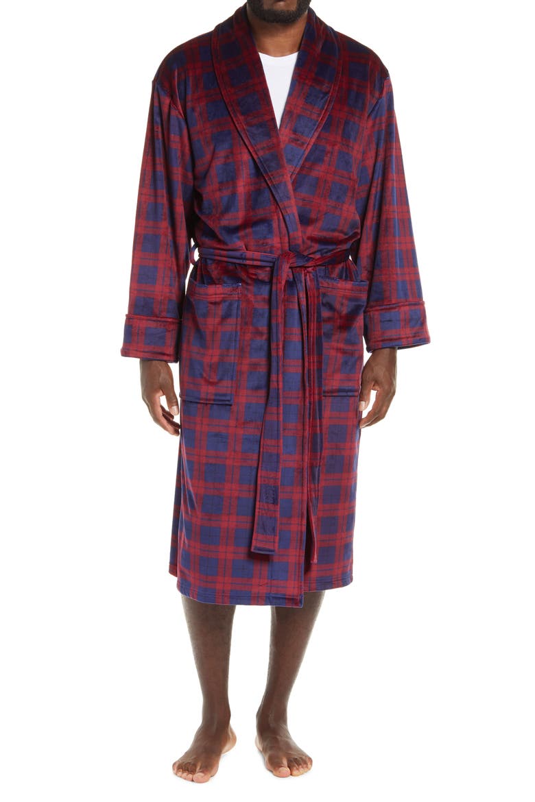 Plaid Velour Robe, Main, color, DARK RED/ NAVY PLAID