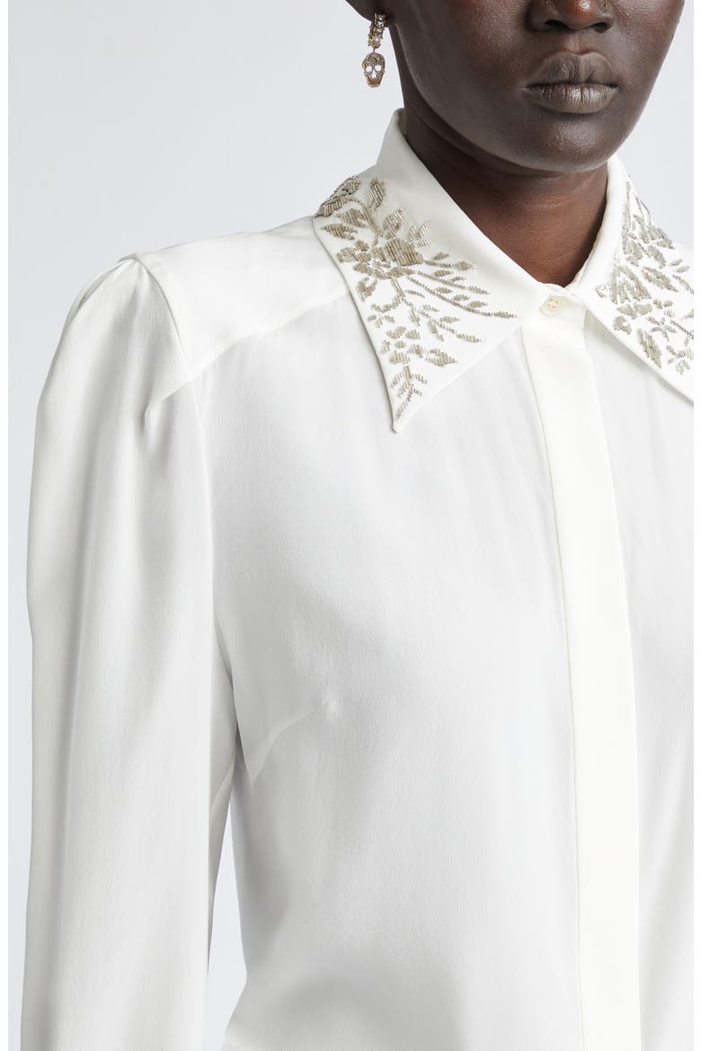 Beaded Collar Silk Button-Up Shirt, Alternate, color, LIGHT IVORY