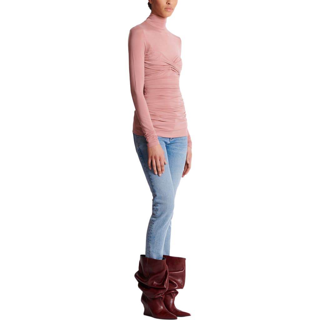 Balmain Pleated Long-sleeved Jersey Top In Pink